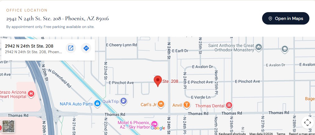 Mapa con la ubicación de nuestro sacred space para sesiones presenciales en Phoenix, Arizona